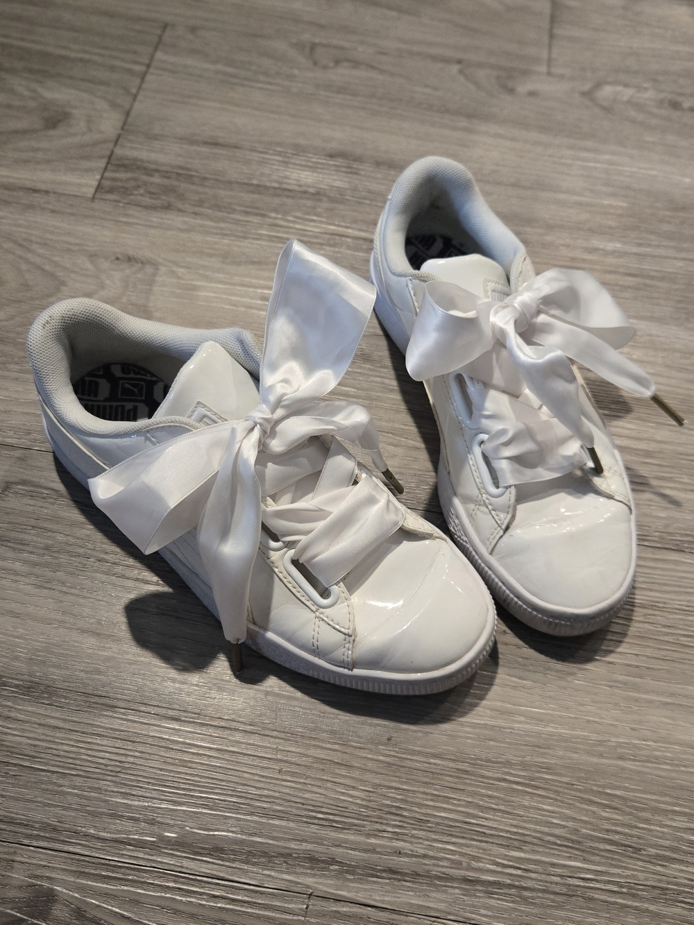 Puma White Patent Low-Top Sneakers with Satin Ribbon Laces